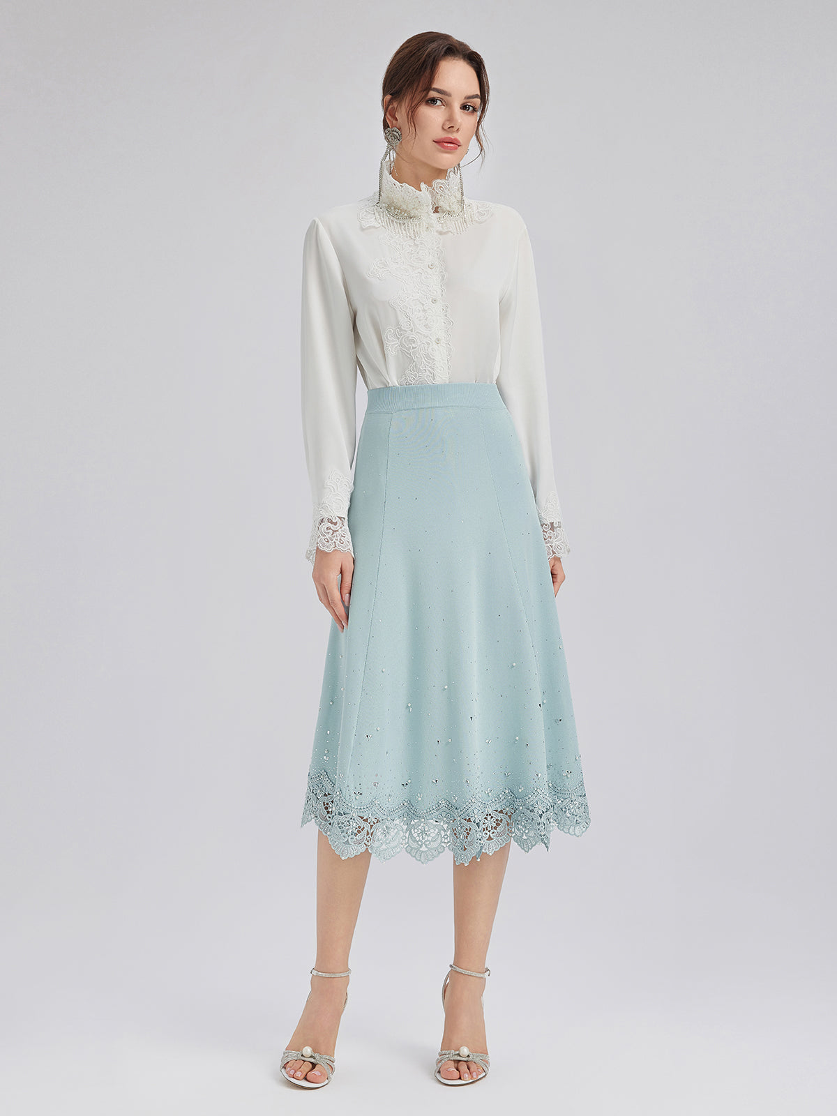 Taşlı Dantel Triko Lastikli Etek