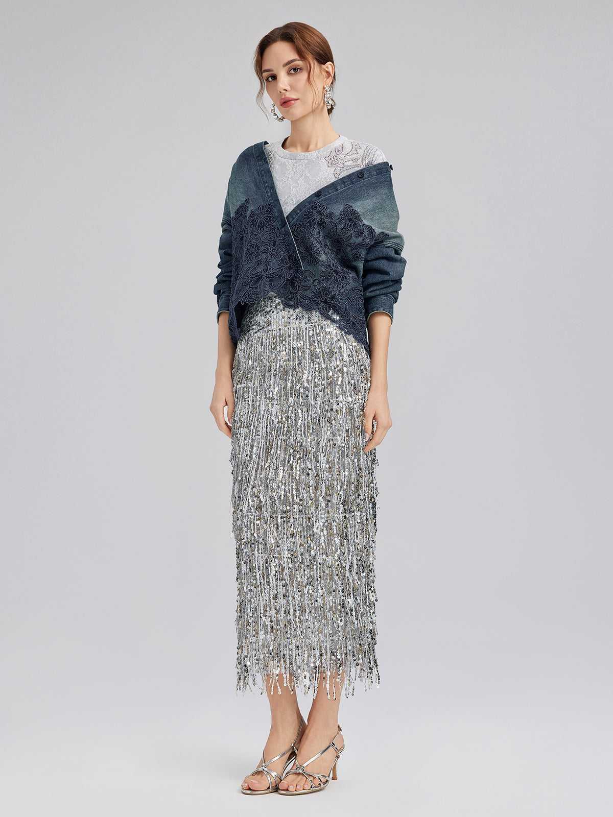 Dantel Parçalı Pamuklu Kot Ceket