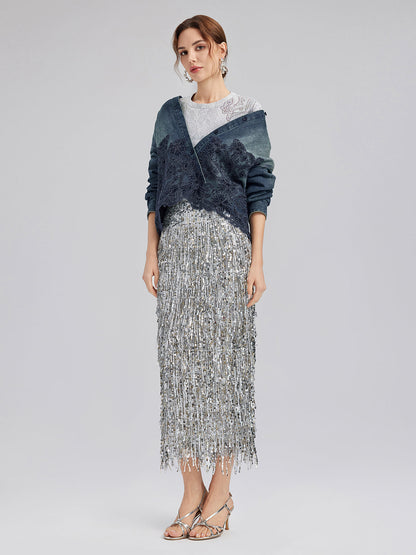 Dantel Parçalı Pamuklu Kot Ceket