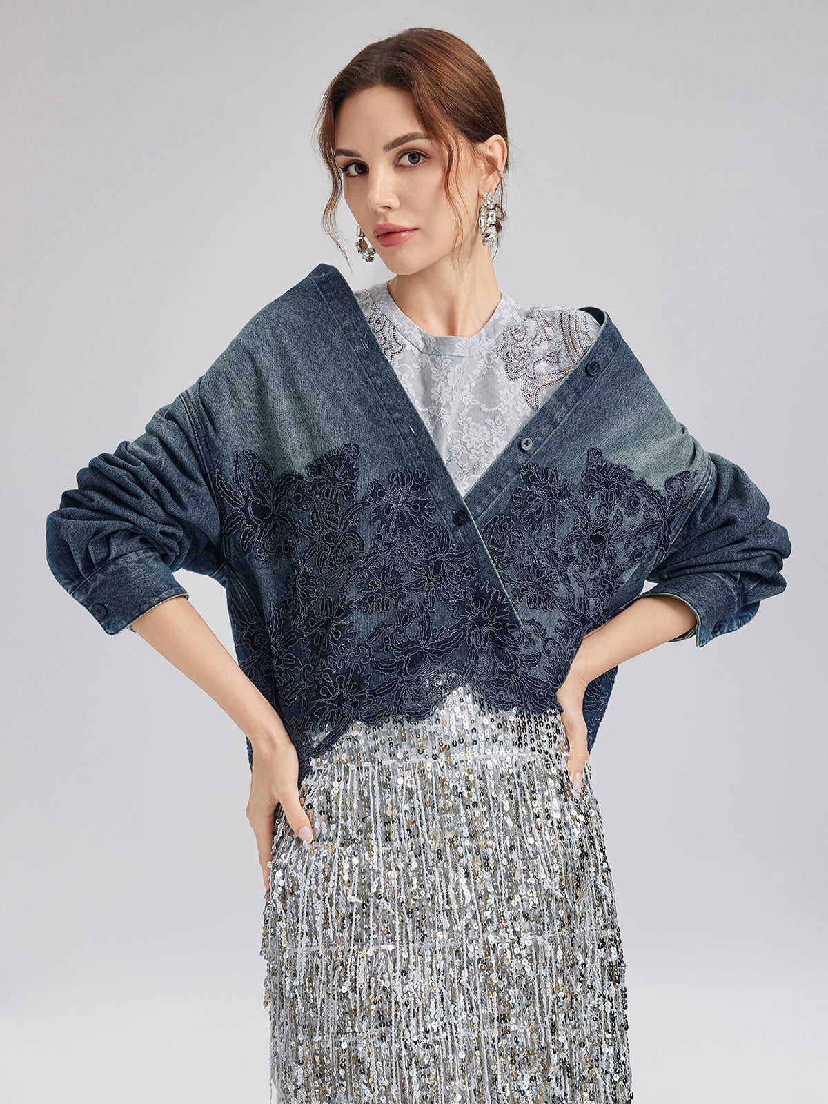 Dantel Parçalı Pamuklu Kot Ceket