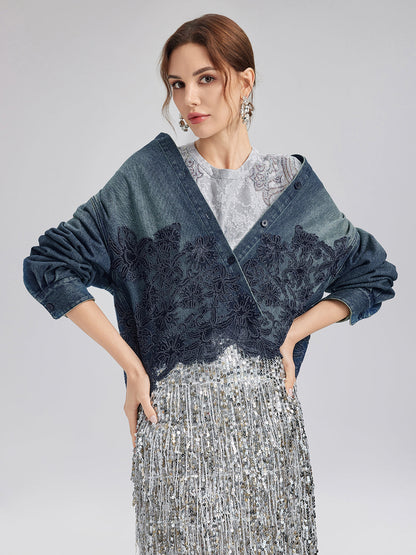 Dantel Parçalı Pamuklu Kot Ceket