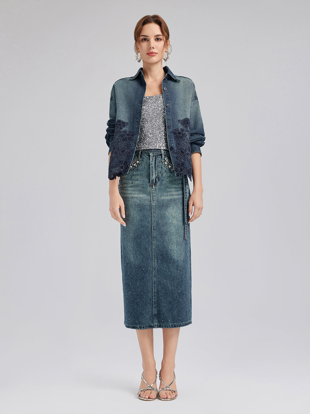 Dantel Parçalı Pamuklu Kot Ceket