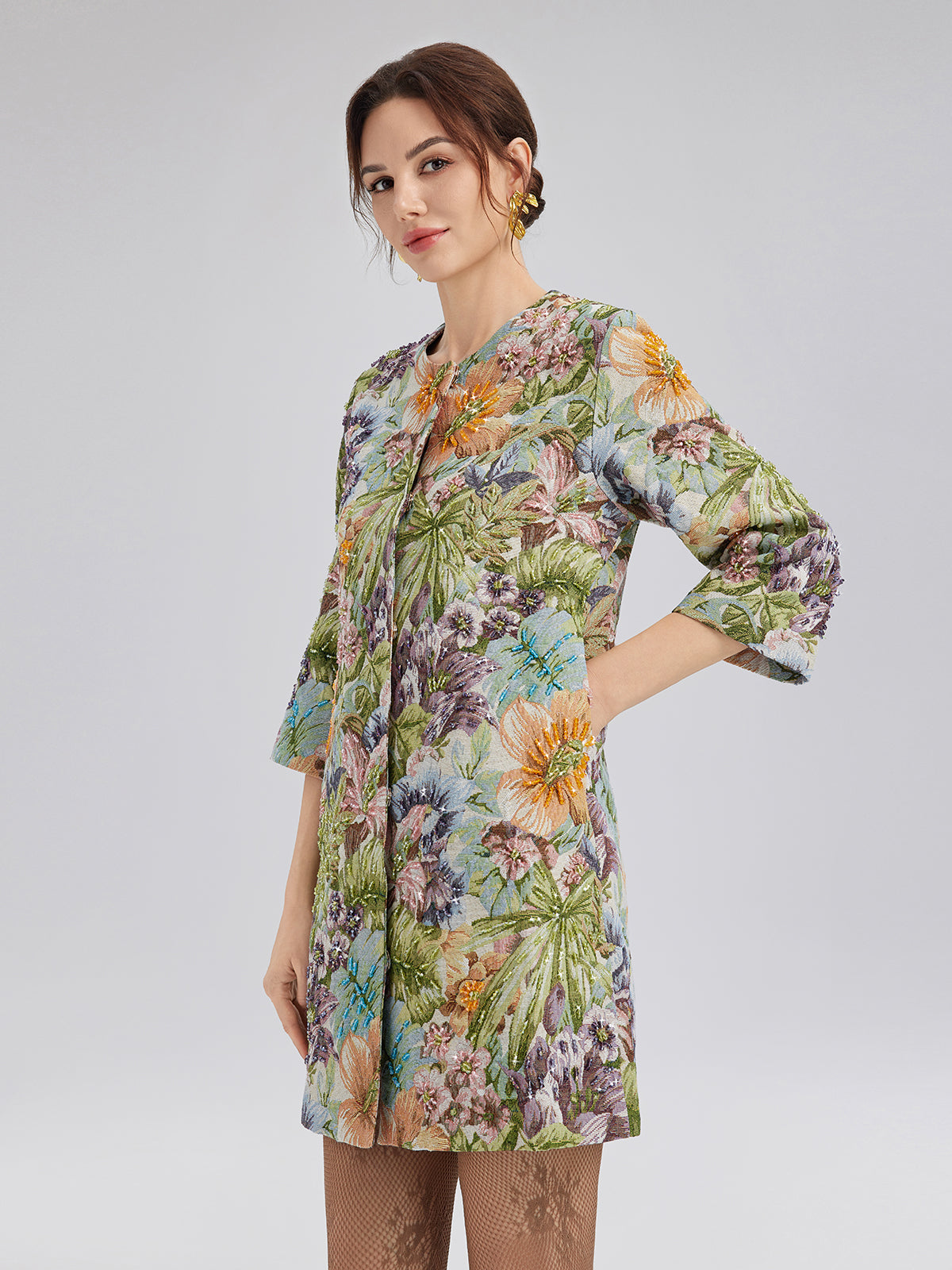 El İşlemeli 3 Boyutlu Çiçekli Düz Ceket