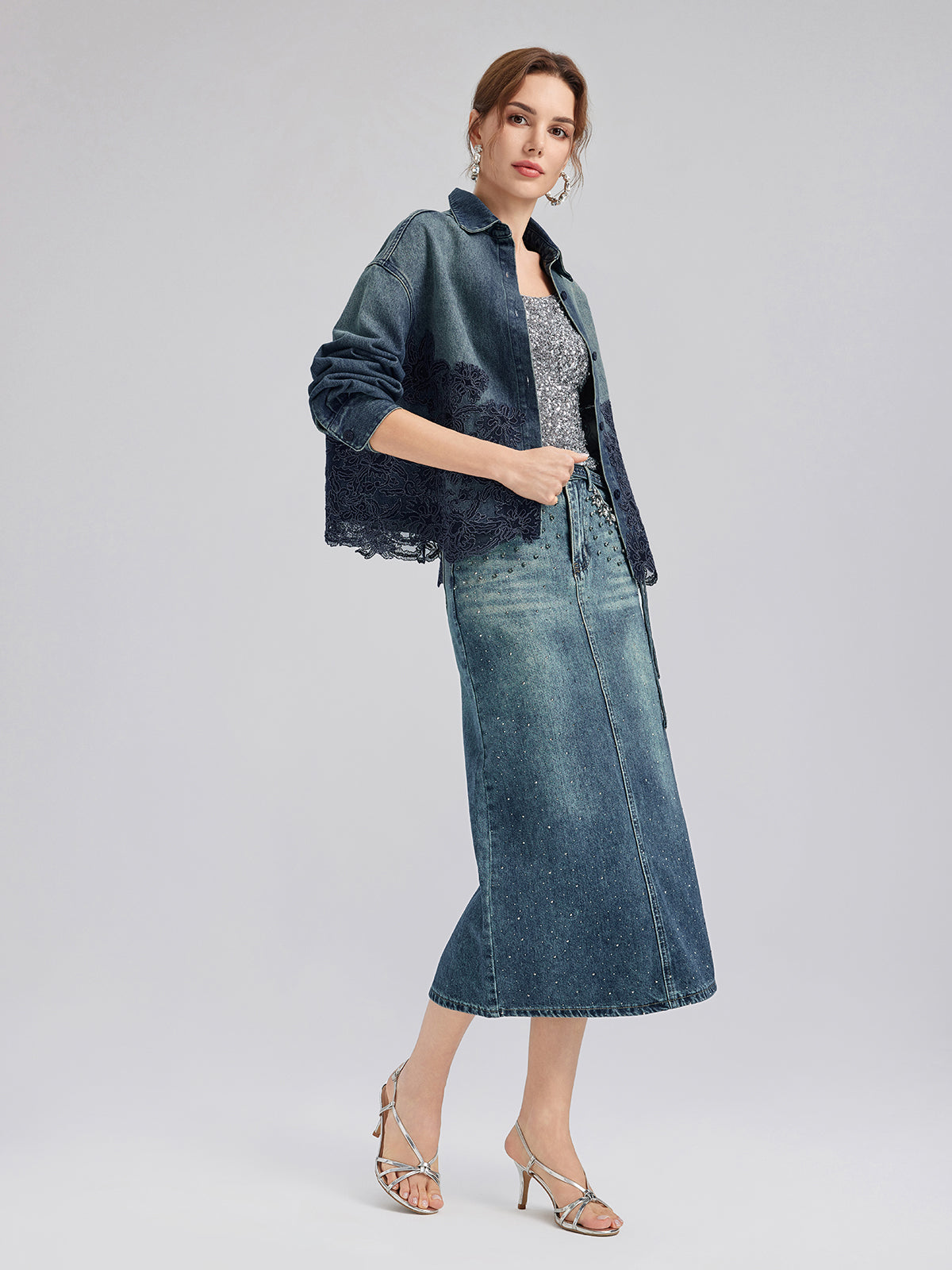 Dantel Parçalı Pamuklu Kot Ceket