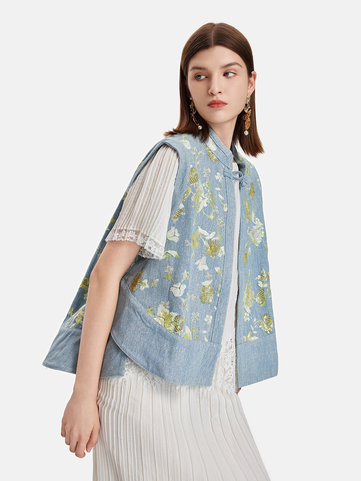 Boncuklu Dik Yaka Kot Yelek