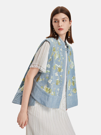 Boncuklu Dik Yaka Kot Yelek