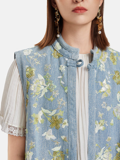 Boncuklu Dik Yaka Kot Yelek