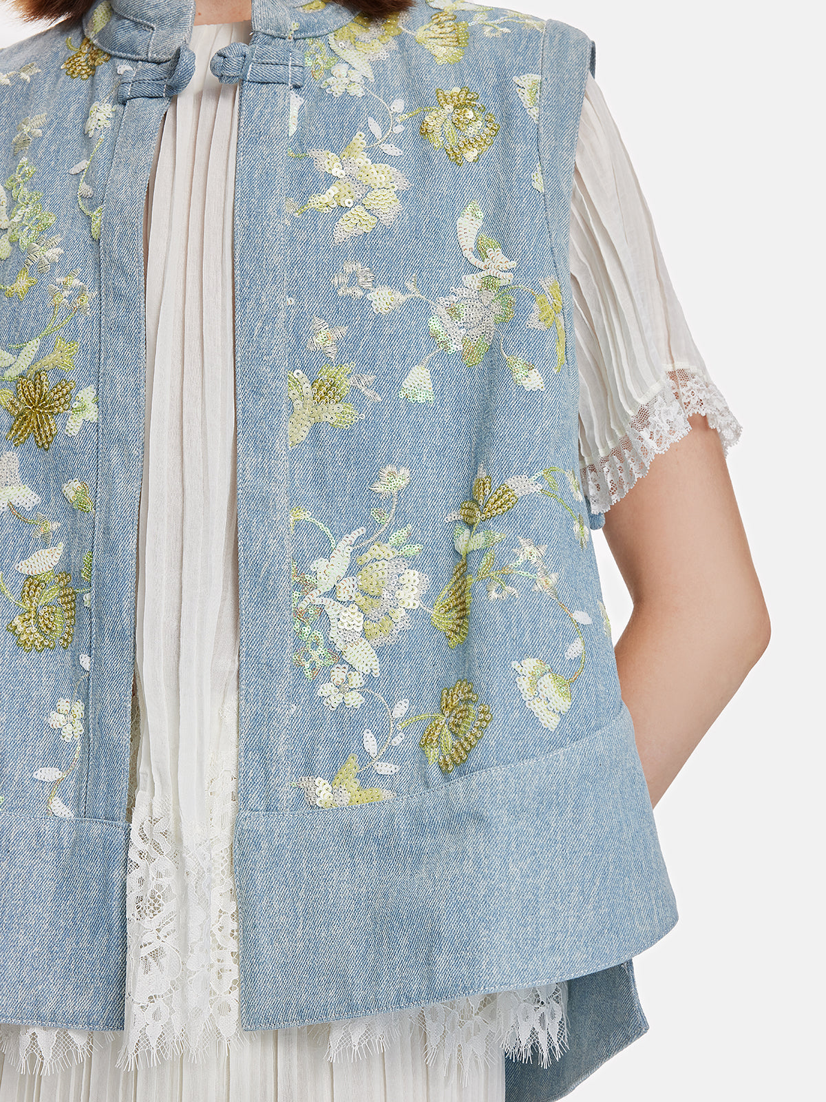 Boncuklu Dik Yaka Kot Yelek