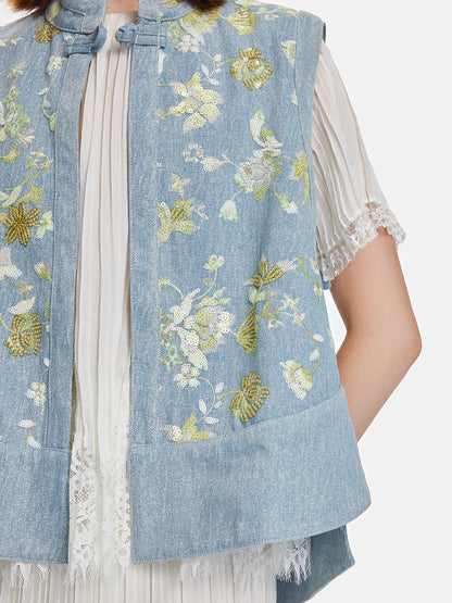 Boncuklu Dik Yaka Kot Yelek