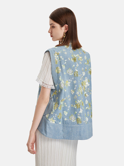 Boncuklu Dik Yaka Kot Yelek