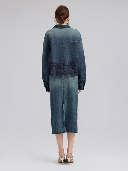 Dantel Parçalı Pamuklu Kot Ceket