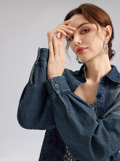 Dantel Parçalı Pamuklu Kot Ceket