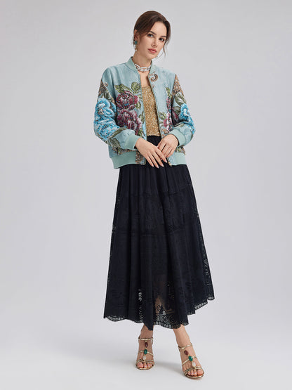 El İşlemeli 3 Boyutlu Çiçekli Bomber Ceket