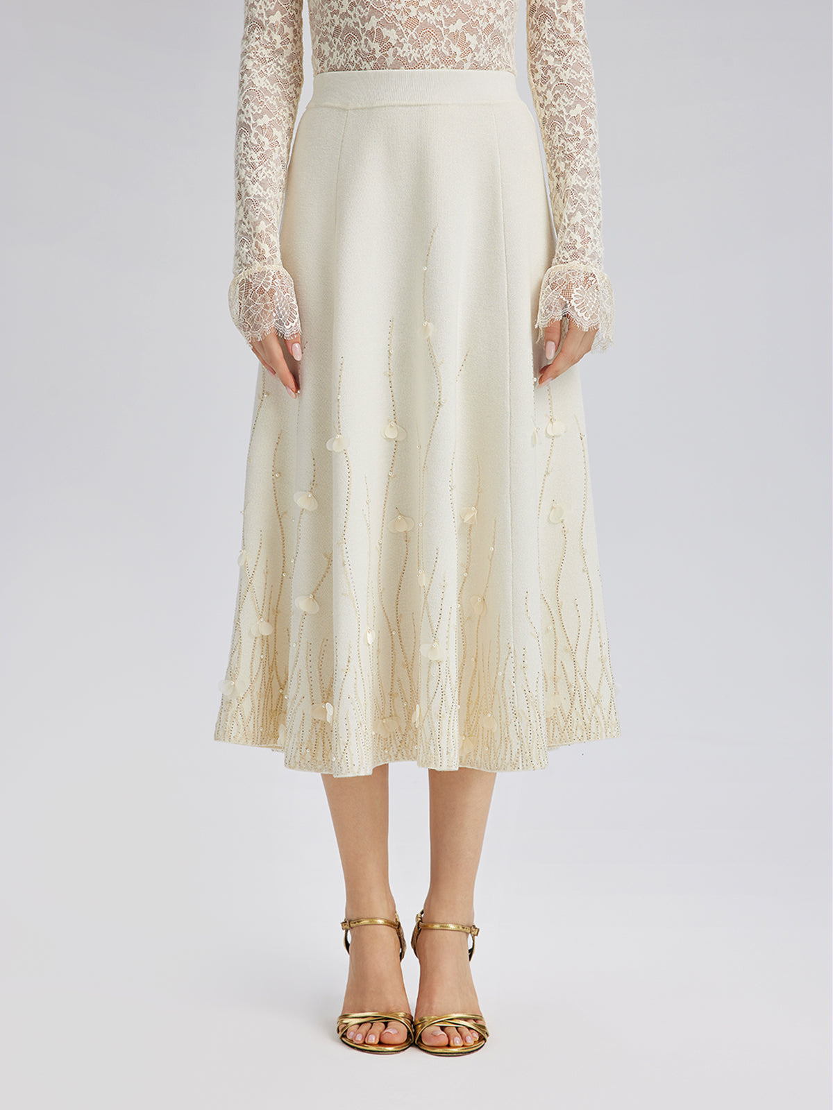 Taşlı Boncuklu Yün Triko Lastikli Etek