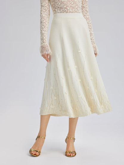 Taşlı Boncuklu Yün Triko Lastikli Etek