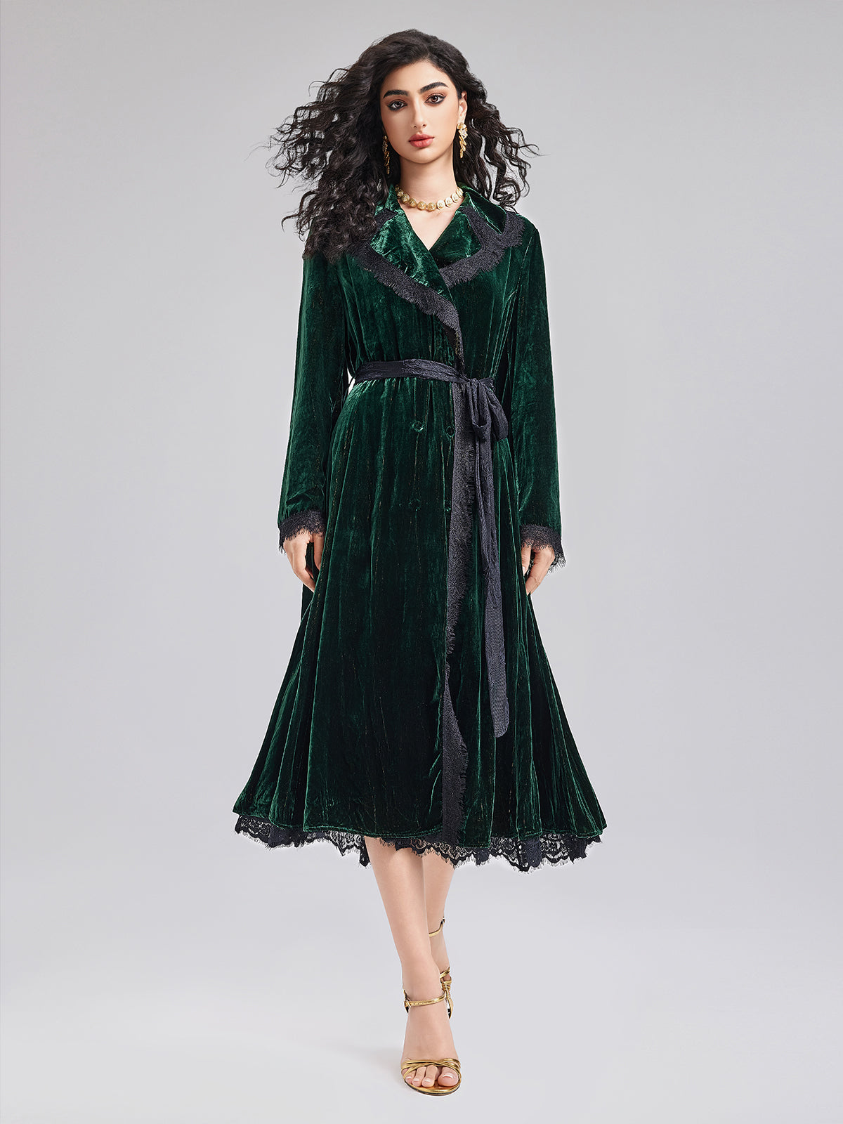 Lüks Çift Taraflı Kadife Dantel Trençkot