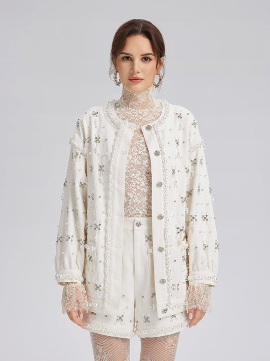 El İşlemeli İncili Kurdeleli Kot Ceket