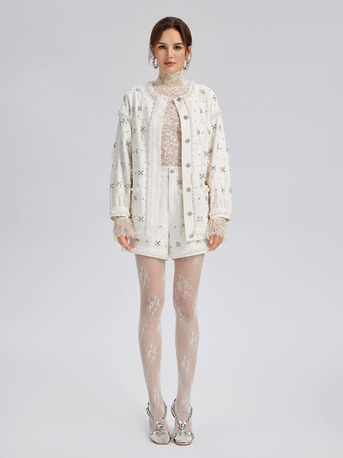 El İşlemeli İncili Kurdeleli Kot Ceket