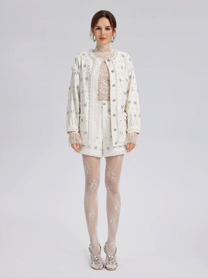 El İşlemeli İncili Kurdeleli Kot Ceket