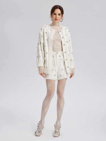 El İşlemeli İncili Kurdeleli Kot Ceket