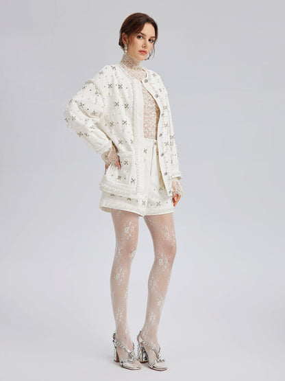 El İşlemeli İncili Kurdeleli Kot Ceket