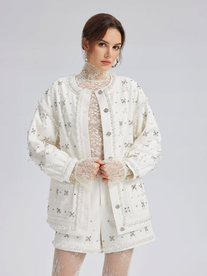El İşlemeli İncili Kurdeleli Kot Ceket