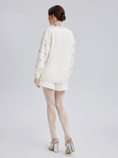 El İşlemeli İncili Kurdeleli Kot Ceket