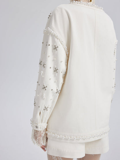 El İşlemeli İncili Kurdeleli Kot Ceket