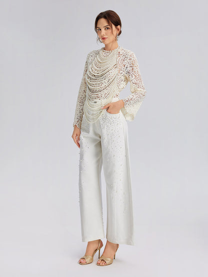 Yoğun Nakışlı Dantel İncili Bluz