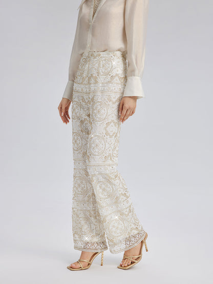 Yoğun Nakışlı Pullu Düz Pantolon