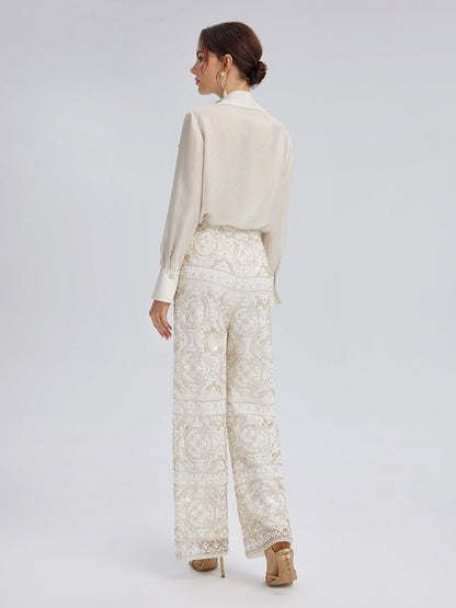 Yoğun Nakışlı Pullu Düz Pantolon
