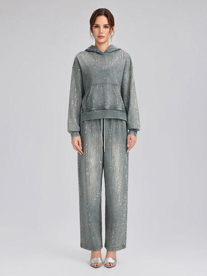 Kot Görünümlü Taşlı Kısa Kapüşonlu Üst