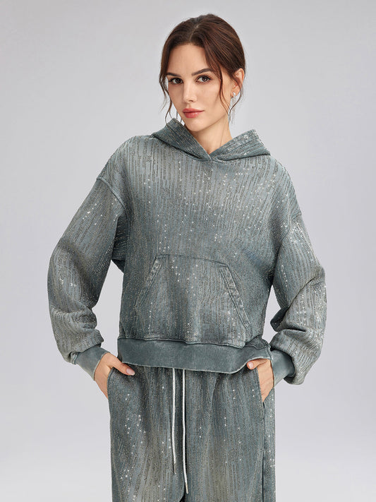 Kot Görünümlü Taşlı Kısa Kapüşonlu Üst