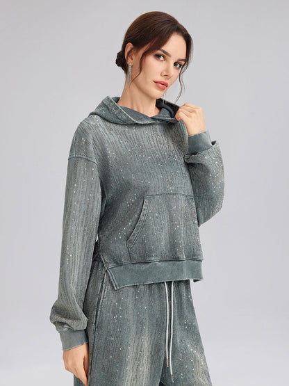 Kot Görünümlü Taşlı Kısa Kapüşonlu Üst