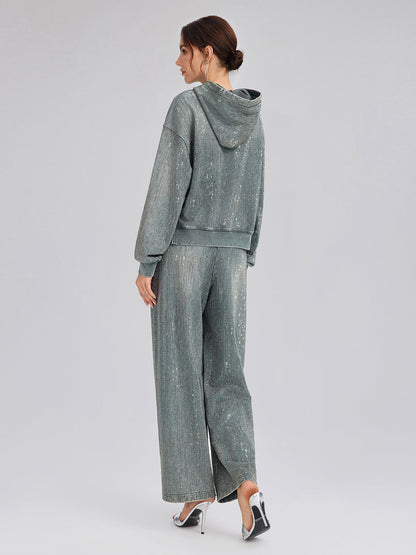 Kot Görünümlü Taşlı Kısa Kapüşonlu Üst