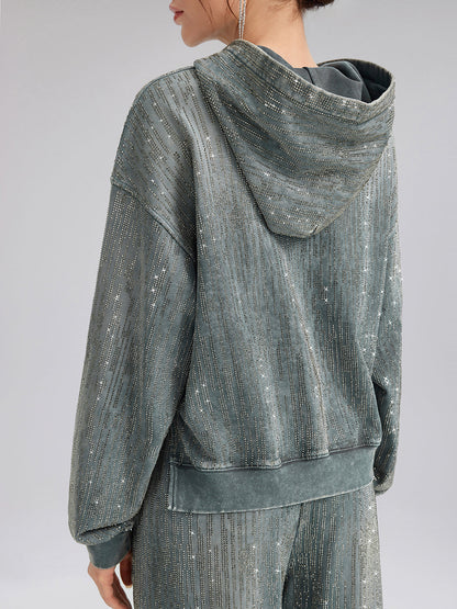 Kot Görünümlü Taşlı Kısa Kapüşonlu Üst