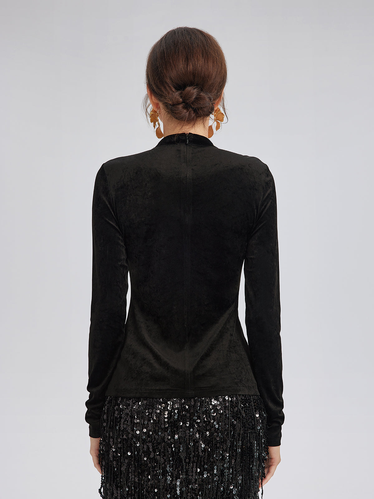 El İşlemeli Kristal Zincirli Kadife Bluz