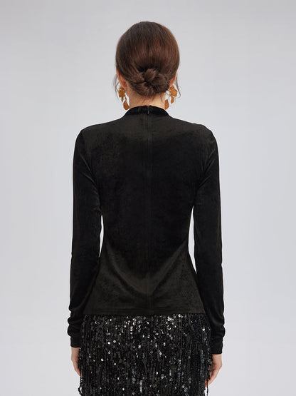 El İşlemeli Kristal Zincirli Kadife Bluz