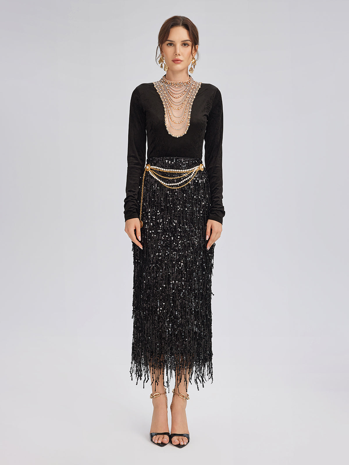 El İşlemeli Kristal Zincirli Kadife Bluz