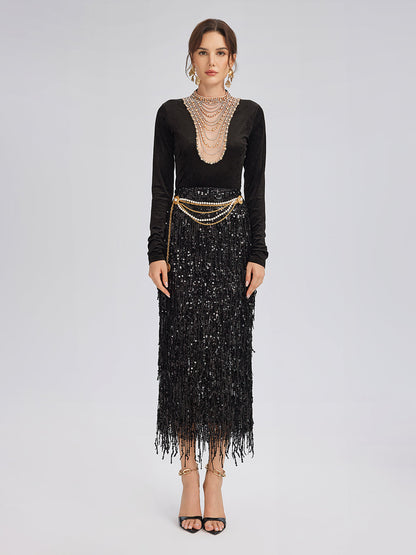 El İşlemeli Kristal Zincirli Kadife Bluz