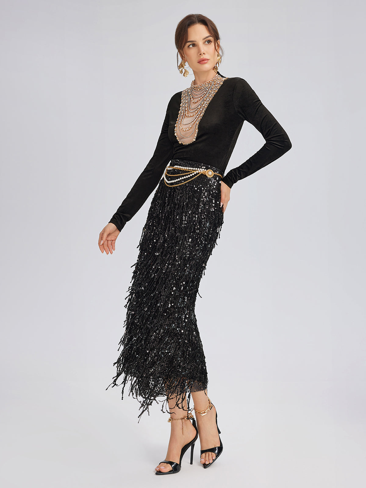 El İşlemeli Kristal Zincirli Kadife Bluz