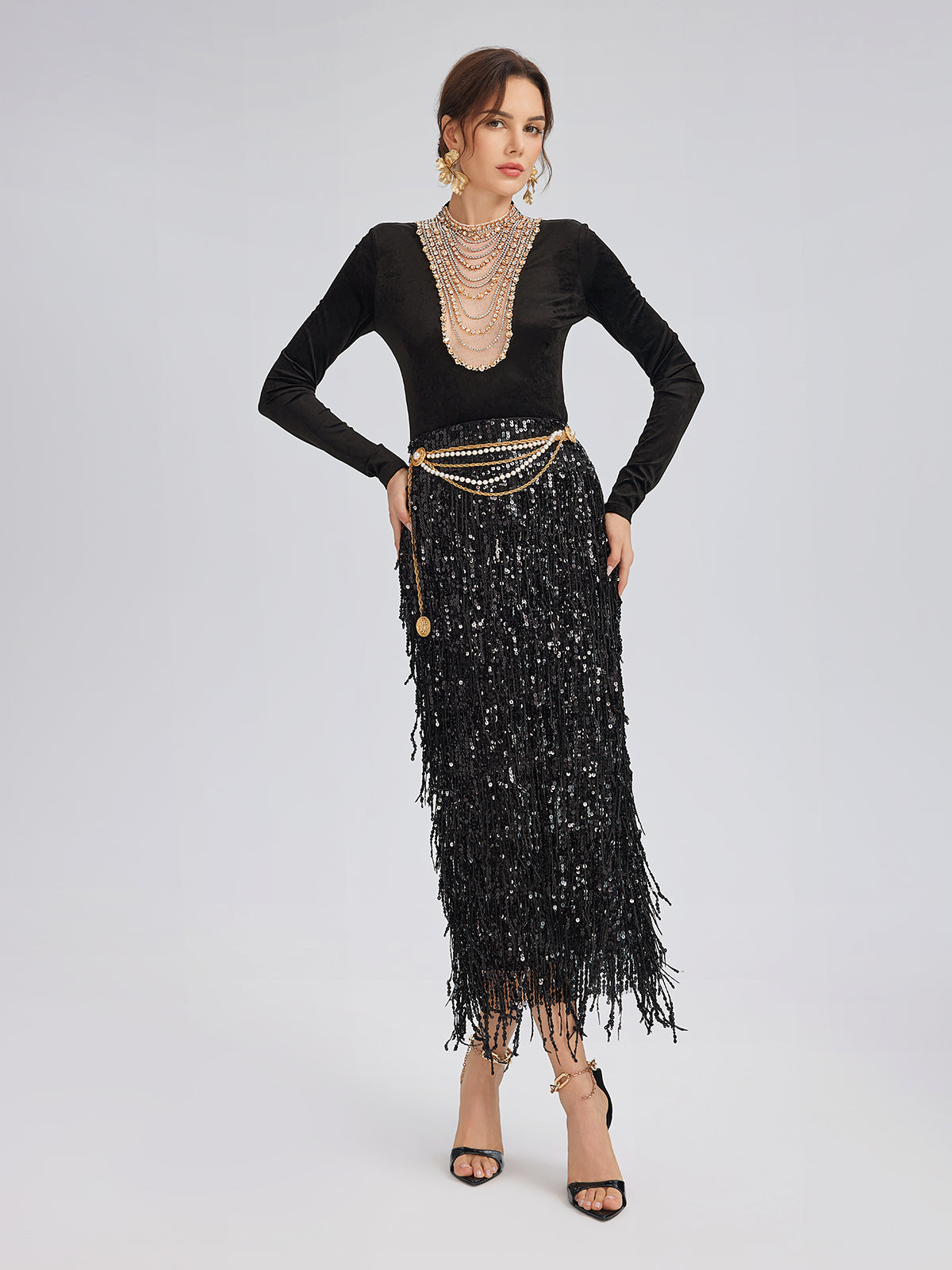 El İşlemeli Kristal Zincirli Kadife Bluz