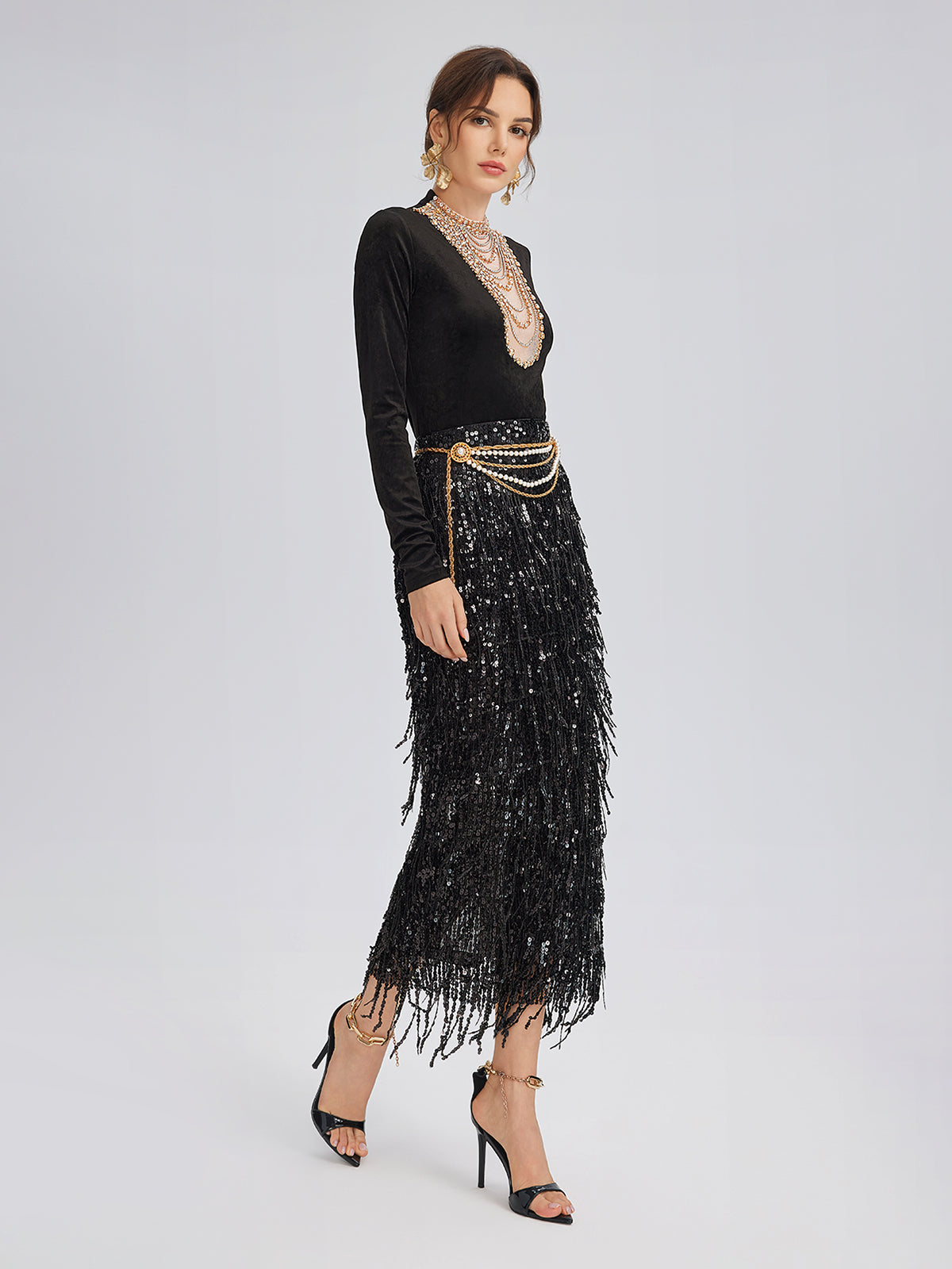 El İşlemeli Kristal Zincirli Kadife Bluz