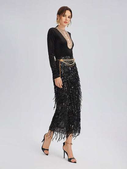 El İşlemeli Kristal Zincirli Kadife Bluz