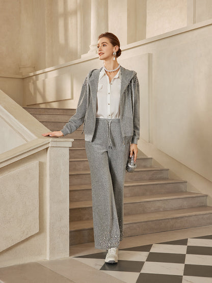 Şönil Fitilli Boncuklu Kapüşonlu Fermuarlı Ceket