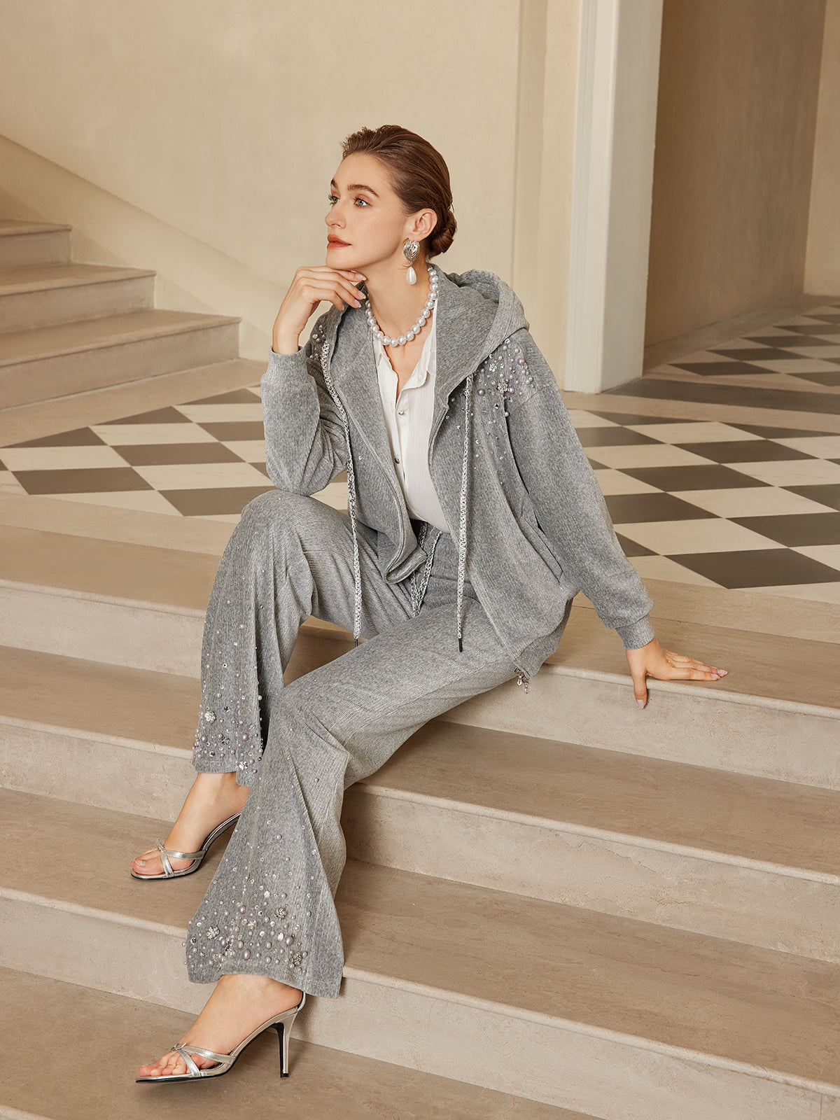 Şönil Fitilli Boncuklu Düz Pantolon