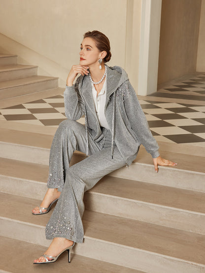 Şönil Fitilli Boncuklu Düz Pantolon