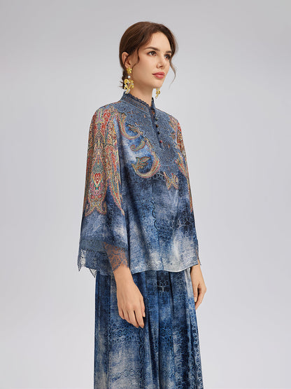 %100 İpek Şal Desenli Batik Hakim Yaka Bluz