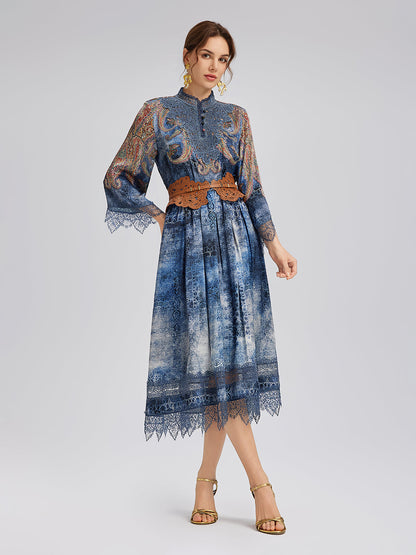 %100 İpek Şal Desenli Batik Hakim Yaka Bluz