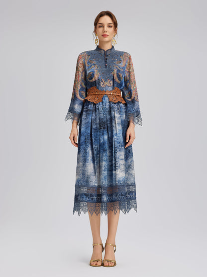 %100 İpek Şal Desenli Batik Hakim Yaka Bluz